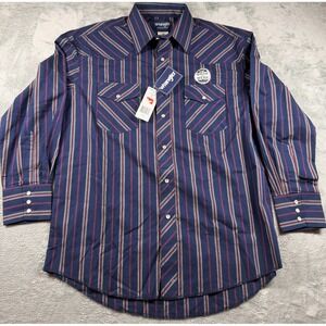 NWT Wrangler Western Shirt Mens 16x33 Blue Striped Snap Cowboy Rodeo